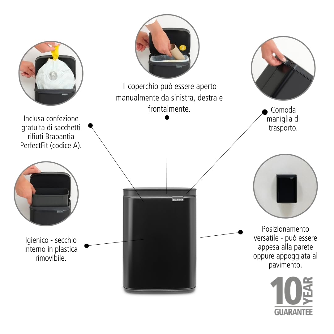 brabantia-pattumiera-bo-4l-matt-black-appendibile-a-parete-coperchio-soft-close- image 2